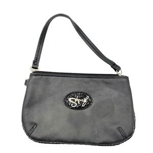 Sharif Black Leather Wristlet Pouch Silver Logo Zip Top Small Handbag Bag Womens